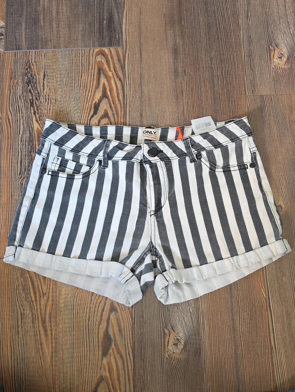 ONLY Women'als 28 Black & White Vertical Stripe Denim Shorts